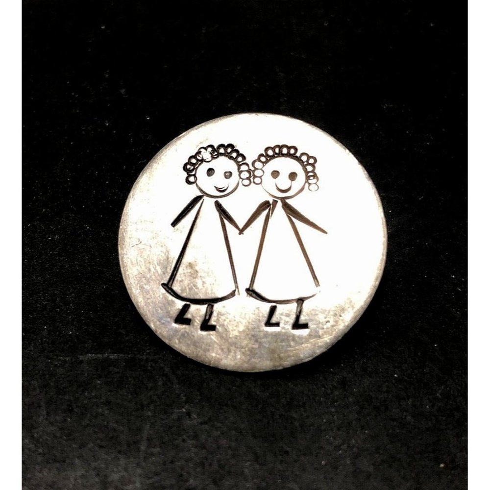 Sterling Handmade JMS   Gemini Twin Girls   Zodiac May June Pin Brooch Vintage
